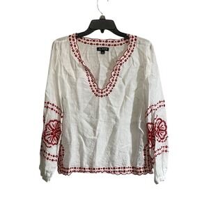 J Crew Women's Small Bungalow Embroidered Linen Top White Red Boho